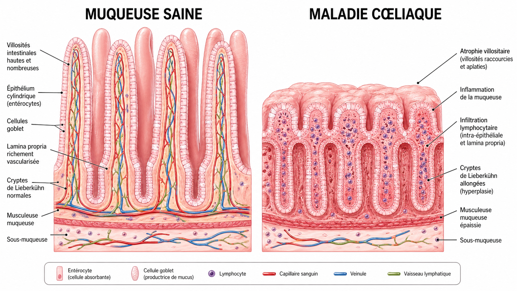 Schéma comparatif d'une muqueuse intestinale saine et d'une muqueuse cœliaque avec atrophie villositaire
