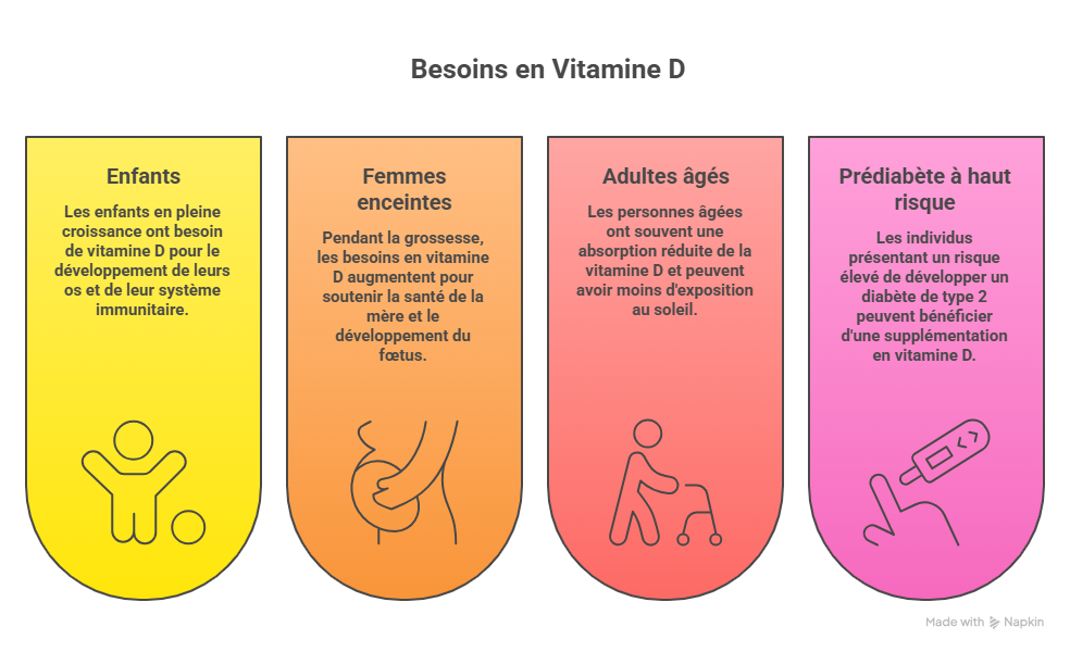 Infographie des recommandations de supplémentation en vitamine D 2024-2025 : enfants, femmes enceintes, plus de 75 ans, prédiabétiques