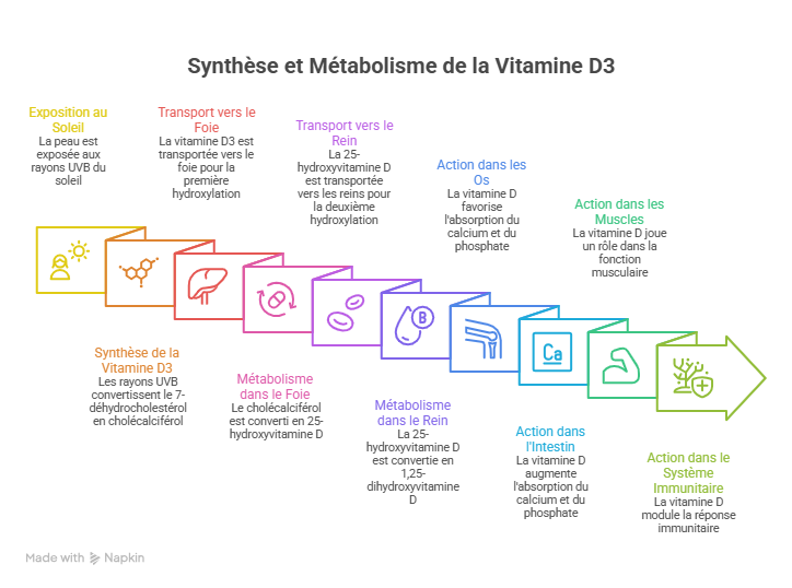 Schéma de la synthèse et du métabolisme de la vitamine D : peau, foie, rein et tissus cibles