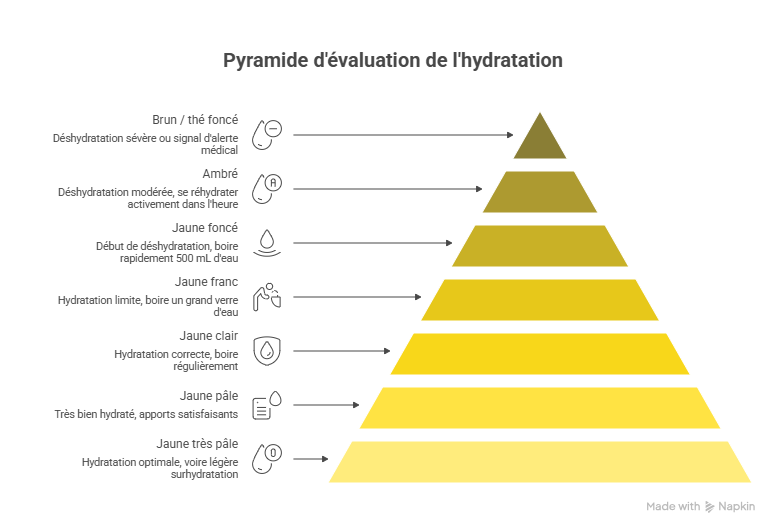 Échelle colorimétrique de l'hydratation urinaire : dégradé du jaune pâle (bien hydraté) au brun foncé (déshydratation sévère)