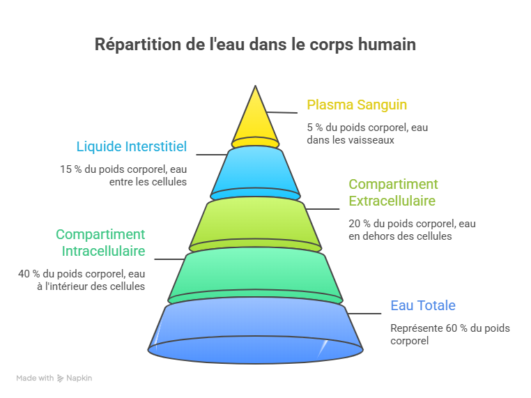 Schéma de la répartition de l'eau dans l'organisme : compartiment intracellulaire (40 % du poids corporel) et extracellulaire (20 %, dont plasma et liquide interstitiel)