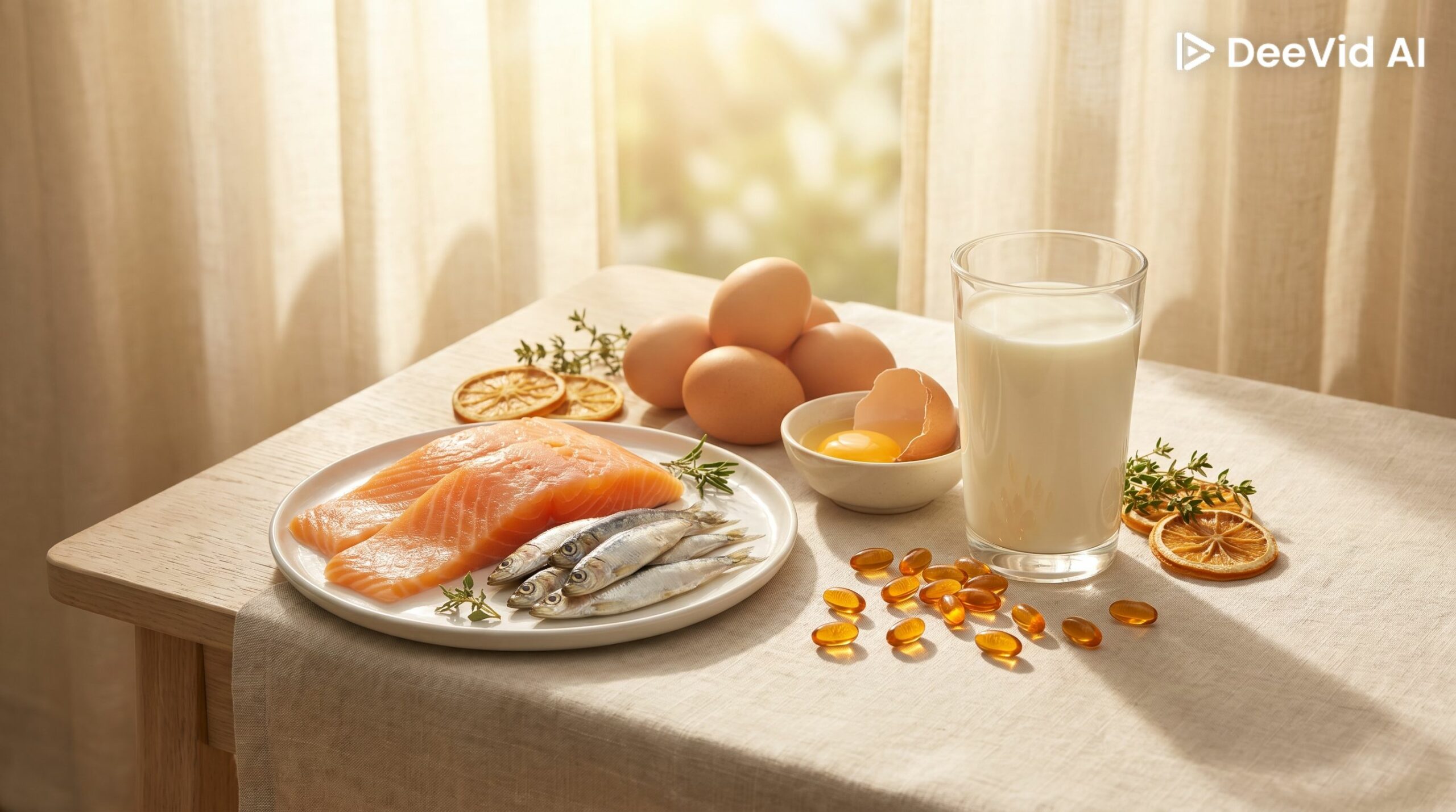 Vitamine D : soleil, capsules et aliments riches (poissons gras, œufs, produits laitiers)